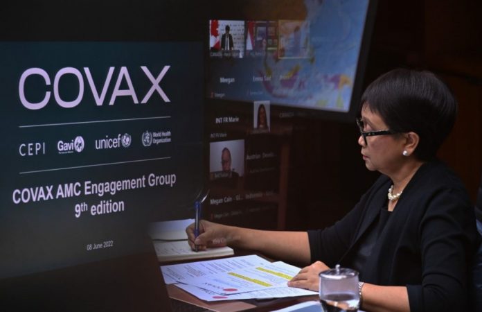 Menteri Luar Negeri (Menlu) RI, Retno LP Marsudi memimpin pertemuan COVAX Advance Market Commitment Engagement Group (AMC EG). Pertemuan digelar secara virtual, Rabu (08/06) F,ist