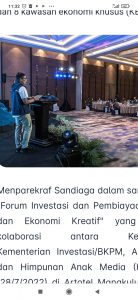 Menparekraf Sandiaga memberi sambutannya di "Forum Investasi dan Pembiayaan Pariwisata dan Ekonomi Kreatif F, ist