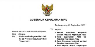 Meriahkan Hari Jadi Kepri ke-20, Gubernur Ansar Instruksikan Berbaju Kurung Melayu Lengkap Gubernur Kepulauan Riau H. Ansar Ahmad menginstruksikan seluruh pegawai Pemerintah Provinsi, Kabupaten/Kota Se-Provinsi Kepulauan Riau, Instansi Vertikal, dan BUMN, BUMD, serta Swasta untuk dapat menggunakan baju kurung melayu pada hari kerja mulai tanggal 19 sampai dengan 24 September 2022 F,ist