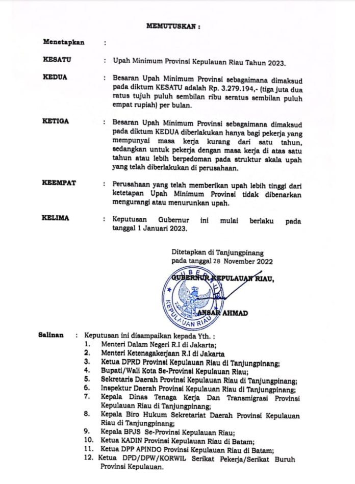 Pemerintah Provinsi Kepulauan Riau  sudah resmi menetapkan UMP dengan kenaikan sebesar Rp229.022,- atau 7,51 persen dari UMP Kepri Tahun 2022 yang sebesar Rp3.050.172,- per bulan F,Diskominfo Kepri
