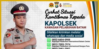 Polsek Kawasan Pelabuhan Batam Polresta Barelang Buka Layanan Pengaduan. Berikut Nomor Pengaduannya Kapolsek Kawasan Pelabuhan Batam AKP Awal Sya'ban Harahap Sabtu (12/11), mengatakan Polsek Kawasan Pelabuhan Batam Polresta Barelang membuka layanan pengaduan via What App (WA) dan Media Sosial lainnya seperti Twiter,Instagram serta Facebook resmi Polsek Kawasan Pelabuhan Batam F,Polsek KKP Batam