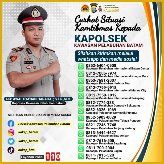 Kapolsek Kawasan Pelabuhan Batam AKP Awal Sya'ban Harahap Sabtu (12/11), mengatakan Polsek Kawasan Pelabuhan Batam Polresta Barelang membuka layanan pengaduan via What App (WA) dan Media Sosial lainnya seperti Twiter,Instagram serta Facebook resmi Polsek Kawasan Pelabuhan Batam F,Polsek KKP Batam