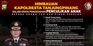Berikut Enam Tips Kapolresta Tanjungpinang Mencegah Upaya Penculikan Anak Kapolresta Tanjungpinang Kombes Pol H Ompusunggu, Jumat (3/2), memberikan himbauan dan tips kepada warga Tanjungpinang dalam upaya pencegahan penculikan anak F Poster Polresta Tanjungpinang