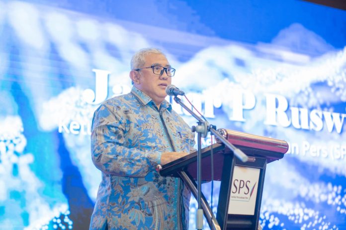 Ketua Umum SPS, Januar P. Ruswita yang juga Direktur Pikiran Rakyat menjelaskan tema besar yang diusung pada HUT ke-77 yakni “Transformasi Industri Media untuk Bangkit Bersama” f,SPS