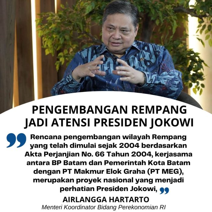   Menteri Koordinator Bidang Perekomomian RI, Airlangga Hartarto menyampaikan Pengembangan Pulau Rempang Jadi Atensi tersendiri baagi Presiden Jokowi saat memimpin rapat terbatas pembahasan pengembangan Pulau Rempang, di Ruang Rapat Oka Kretagama, Kantor Kementerian Koordinator Bidang Perekonomian, Jakarta, Jumat (25/8/2023) f, ist