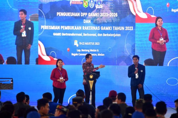 Presiden Jokowi saat menghadiri Pengukuhan Kepengurusan DPP dan Peresmian Pembukaan Rakernas GAMKI Tahun 2023, di Lapangan Banteng, Medan, Sumut, Sabtu (19/08/2023). (Foto: BPMI Setpres)
