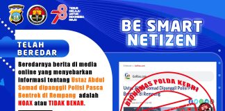 Polri Nyatakan Pemanggilan Ustad Abdul Somad Paska Bentrok di Rempang HOAKS Informasi terkait Ustaz Abdul Somad dipanggil Polisi pasca bentrok di Rempang adalah Hoax atau tidak benar. Pernyataan itu disampaikan Kabidhumas Polda Kepri Kombes Pol. Zahwani Pandra Arsyad f,Polda Kepri