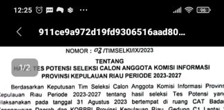 28 Orang Dinyatakan Lulus Tes Potensi Seleksi Komisi Informasi Kepri Dalam pengumuman resminya Senin (4/9), dalam situs komisiinformasi.kepriprov.go.id., Timsel menyatakan 28 orang lulus seleksi f,tangkapan layar