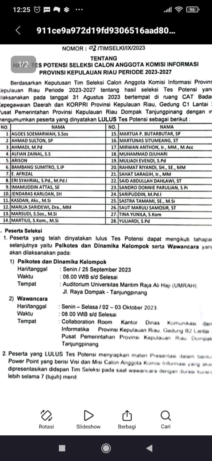 Dalam pengumuman resminya Senin (4/9), dalam situs komisiinformasi.kepriprov.go.id., Timsel menyatakan 28 orang lulus seleksi f,tangkapan layar