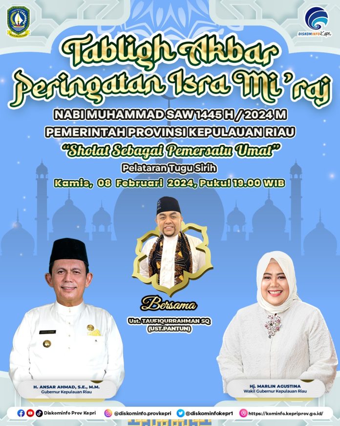 Peringatan Isra Miraj Nabi Muhammad SAW 1445 Hijriah di Tanjungpinang dipusatkan di Pelataran Tugu Sirih, Kamis (8/2) besok mulai pukul 19.00 WIB f,diskominfo Kepri