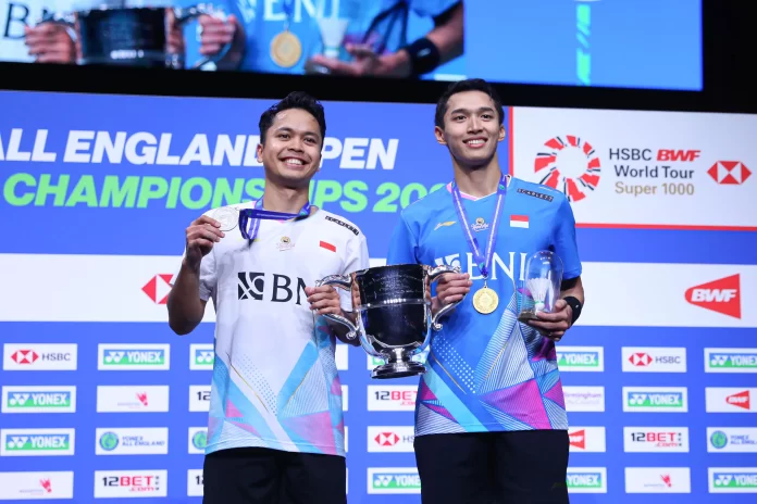 Jonatan berhasil mengalahkan Anthony Sinisuka Ginting dengan skor 21-15, 21-14 dan keluar sebagai juara All England tahun 2024 f,pbsi