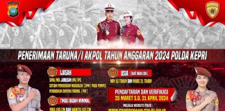 Polda Kepri Buka Pendaftaran Penerimaan Taruna-Taruni AKPOL T.A. 2024 olda Kepri membuka pendaftaran bagi seluruh pemuda dan pemudi yang berminat menjadi Taruna maupun Taruni Akademi kepolisian T.A. 2024 yang mana pendaftaran Online dan verifikasi sudah mulai dibuka sejak tanggal 25 Maret hingga 21 April 2024 f,Polda Kepri