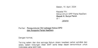 Amsakar Mundur, Marlin Diusung Nasdem Foto potongan surat pengunduran diri Amsakar Achmad dari posisi Ketua DPD Partai Nasdem dan kader f, ist