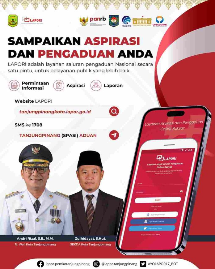 Dinas Komunikasi dan Informatika (Diskominfo) Kota Tanjungpinang mengajak seluruh masyarakat untuk memanfaatkan layanan pengaduan melalui Sistem Pengelolaan Pengaduan Pelayanan Publik Nasional (SP4N) LAPOR! F, Pemko Tanjungpinang