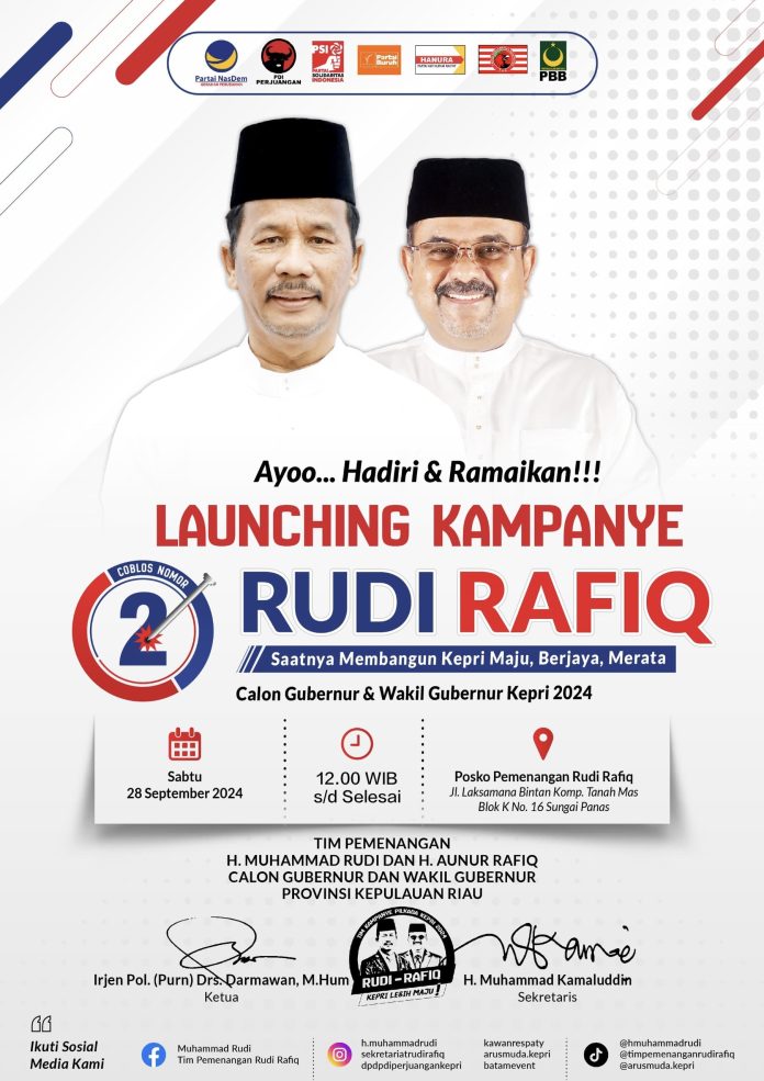 Pasangan calon Gubernur dan Wakil Gubernur Kepulauan Riau (Kepri) nomor urut 2, H Muhammad Rudi dan H Aunur Rafiq (Rudi-Rafiq), siap menggelar kampanye perdana mereka bersama masyarakat Kepri di Kota Batam, Sabtu, (28/9/2024) f,tim Rudi-Rafiq