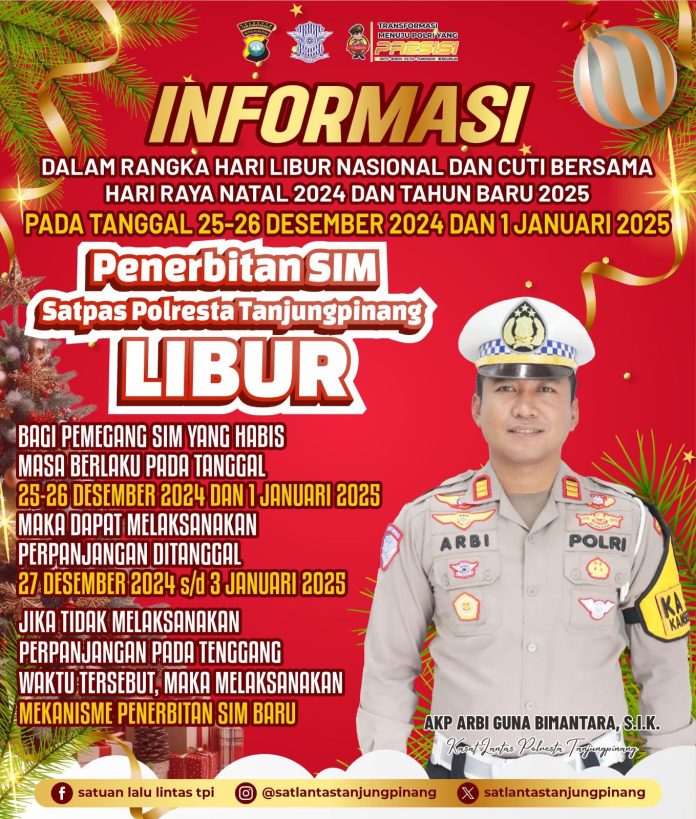 Layanan penerbitan Surat Izin Mengemudi (SIM), Surat Tanda Nomor Kendaraan (STNK) dan Buku Pemilik Kendaraan Bermotor (BPKB), di Samsat Tanjungpinang tutup sementara. F, Polresta Tanjungpinang