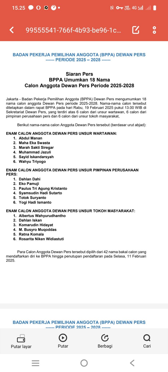 Badan Pekerja Pemilihan Anggota (BPPA) Dewan Pers mengumumkan 18 nama calon anggota Dewan Pers periode 2025-2028. F, DP